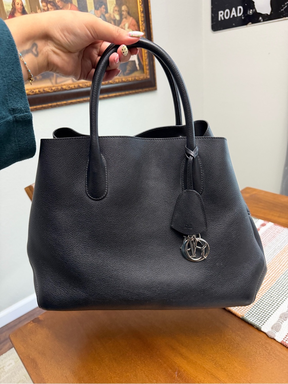 DIOR Black Grained Calfskin Large Open Bar Tote Bag